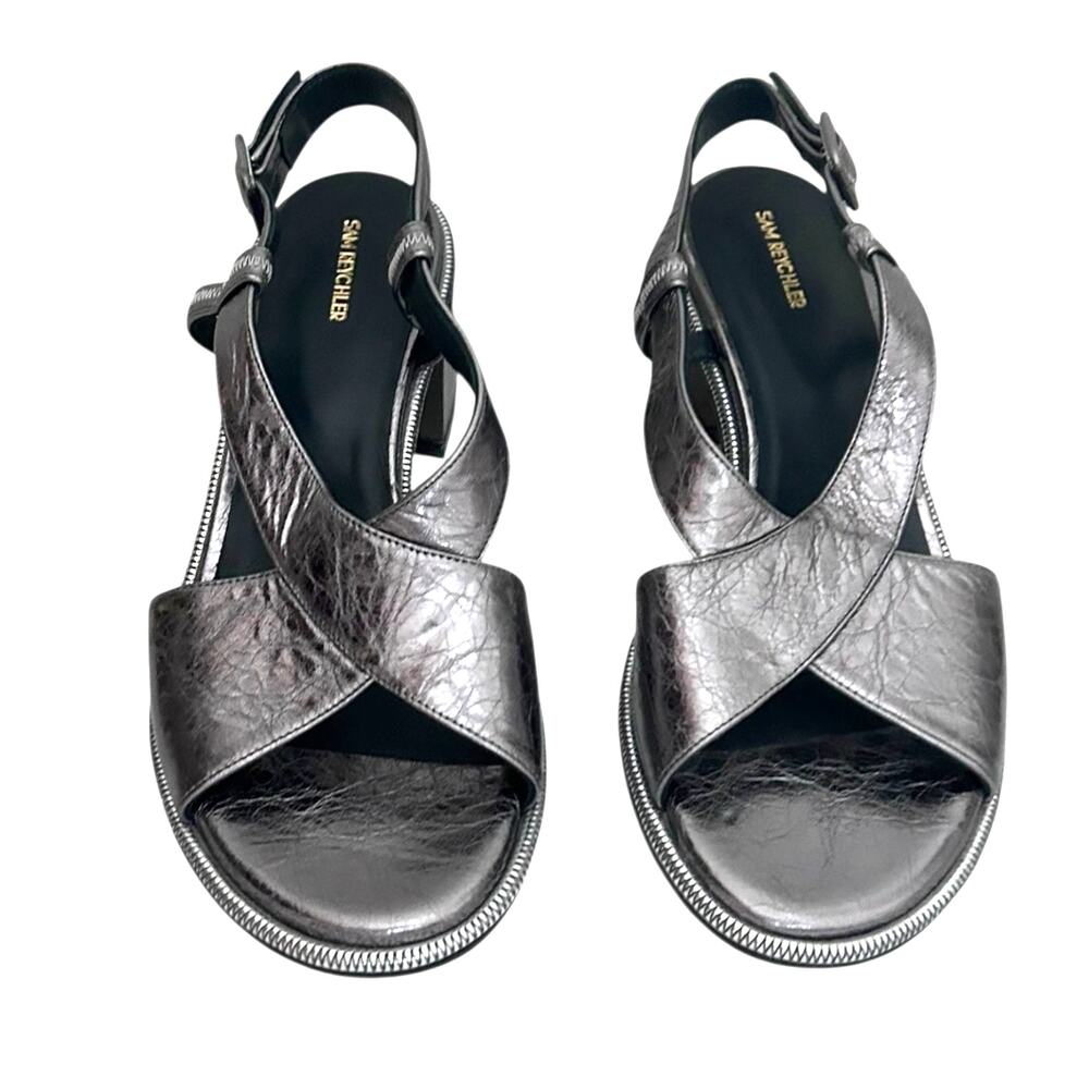 Sam Reychler Metallic Silver Crisscross Slingback Heels